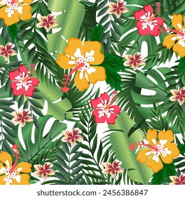 vector image of a tropical background with green leaves and tropical bright flowers