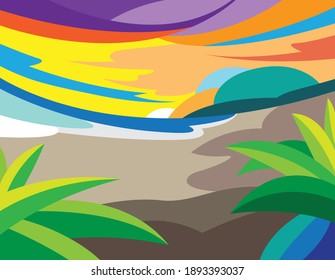Vector image of tropical beach with color pop art style.