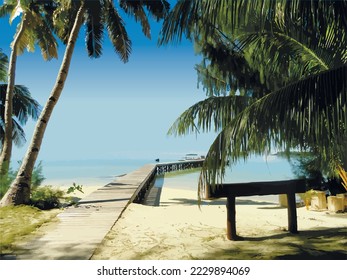 Vector image of tropical coastal landscape and wooden pier. Sunny view.