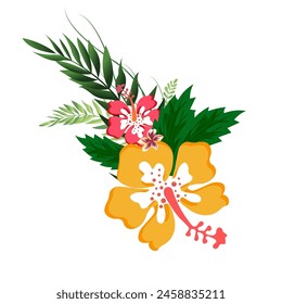 Imagen de Vector de flores y hojas tropicales sobre un fondo transparente PNG