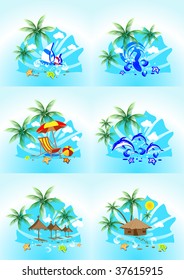 vector image of tropical images with the sea surf, palm trees and blue sky