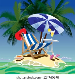 Vector image of tropical island with beach chair, umbrella and table, fruity cocktail, red hat and shell under the palms