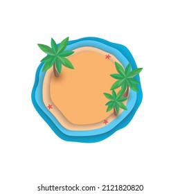 Vector image of a tropical island in the ocean. A sea beach with three palm trees and sea stars. An illustration with a copy space.