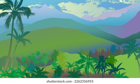 Vector image, tropical landscape. panorama with palm trees and mountains