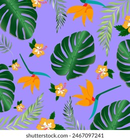 vector image of tropical leaves with tropical flowers on a purple background png