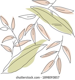 Vector image of tropical leaves in minimalist style in soft pastel colors