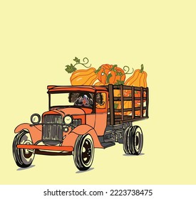 A vector image of truck full of pumpkin and turkey chicken in the truck. Thanksgiving.