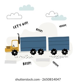 Vector image of a truck with a trailer. Children's illustration for prints, decorations, stickers, games, preschool activities.