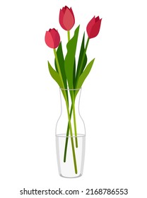 Vektorbild einer Tulpe in einer Glasvase im Flachstil, einzeln auf weißem Hintergrund. Blumen am 8. März. Feiertage