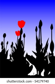Imagen vectorial de tulipanes en un campo y cielo azul
