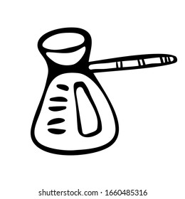 Vector image of turk for coffee, chocolate, cocoa, americano or cappuccino. Minimal style, doodle, flat. Outline isolated on white background. For coloring, coloring book, coffee shop decoration.