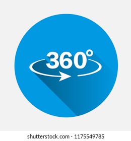 Vector image turn sign 360 degrees on blue background. Flat image 360 degrees with long shadow. Layers grouped for easy editing illustration. For your design.