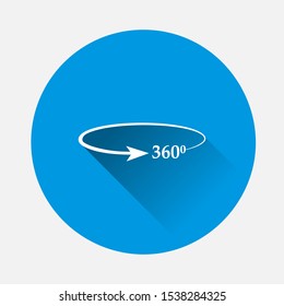 Vector image turn sign 360 degrees on blue background. Flat image with long shadow.