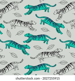 Vector image of a turquoise tiger with purple stripes. Hand-drawn. Design of posters, postcards, invitations, decor.