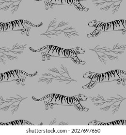 Vector image of a turquoise tiger with purple stripes. Hand-drawn. Design of posters, postcards, invitations, decor.