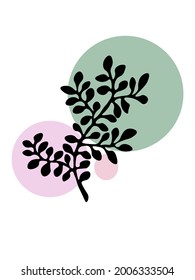 Vector image of a twig with leaves on a white background with abstract spots. Logo of cosmetics, natural product. Print. Image for office supplies.