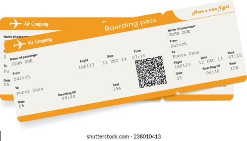 Vector image of two airline boarding pass tickets with QR2 code. Isolated on white. Vector illustration