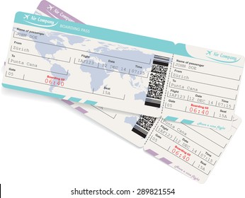 Vector image of two airline boarding pass tickets with QR2 code. Isolated on white. Vector illustration
