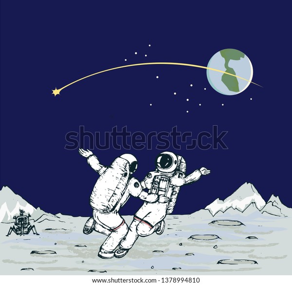 Vector image of two\
astronauts dancing on the moon surface, back grounded by planet\
earth and comet tail. 