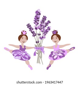 vector image of two ballerina princesses with a bouquet of lavender in bright purple tones on a white background