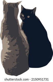 Vector image of two beautiful cats sitting from behind, a gray tabby and a black one, the latter turning to look at the camera. 4 colors, transparent background.