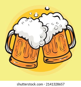 Vector image of two beer mugs. Drinks with a lot of foam.