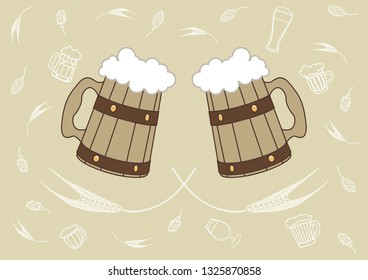 Vector image of two Beers. Drinks with a large foam cap.against the hops and malt.
