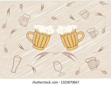 Vector image of two Beers. Drinks with a large foam cap.against the hops and malt.