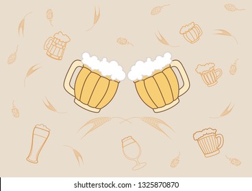 Vector image of two Beers. Drinks with a large foam cap.against the hops and malt.