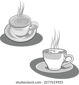 vector image of two black and white smoky coffee cups