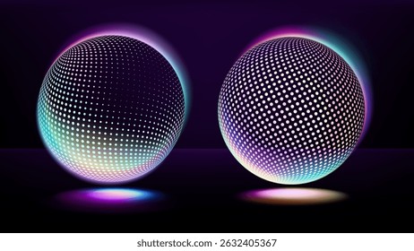 Vector image. Two bright neon spheres with dotted pattern on dark purple background. Abstract 3D design with glow effect in futuristic style.