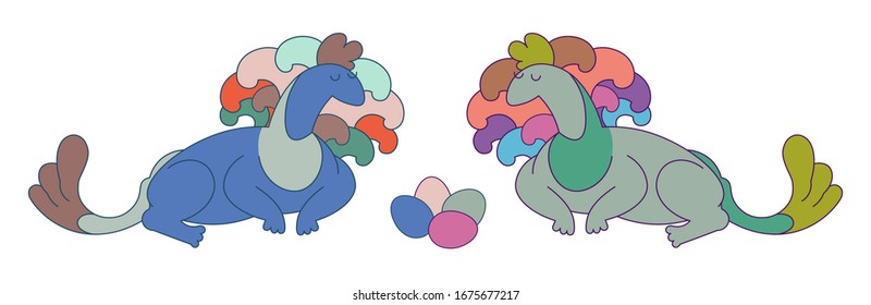 Vector image of a two brightly colored dragons sleeping peacfully with thier eggs in the middle on a white background
