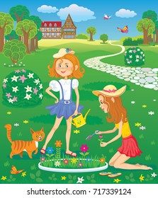Vector image of two cartoon girl planting flowers on the lawn in the garden
