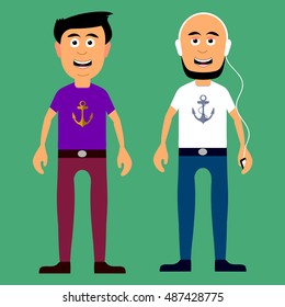 Vector image of two characters dressed in t-shirt, jeans with the green background. The man smiling. Bald with beard listening to music. T-shirt anchor. Cartoon flat style. The rest of the people.