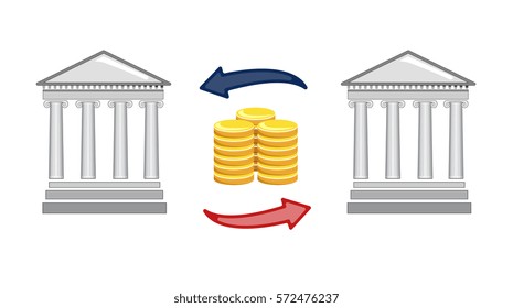 Vector image of two classical style facade with columns, with coins and arrows
