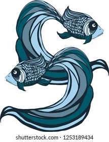 Vector image with two colored fishes painted blue on a sea background. Linear abstract drawing. Suitable for use as a design element, logo, coloring, t-shirt design.
image of sea fish on a white backg