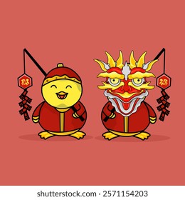 vector image of two cute ducks celebrating chinese new year and one cute duck wearing a unique barong mask