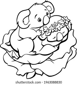 Vector image of two cute koalas in flower. Isolated outline. Illustration for valentines day card or coloring book page