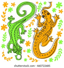 Vector image of two decorative lizards in the grass and flowers painted by hand. Illustration can be use to design everyday objects, in web design and to implement other creative ideas