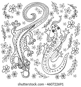 Vector image of two decorative lizards in the grass and flowers painted by hand. Coloring for kids and adults. 