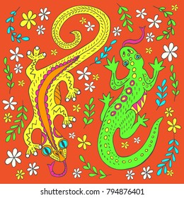 Vector image of two decorative lizards in the grass and flowers painted by hand. Illustration can be use to design everyday objects, in web design and to implement other creative ideas