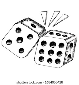 Vector image of two dices in hand drawing style on a white background. Random loss of the numbers five and six. Graphic illustration in black and white vintage style for a casino.