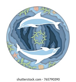 Vector image of two dolphins on the background of the seabed, seaweed, sea stars and seashells. Art paper carving and crafting style. Round logo. The underwater world of the sea.