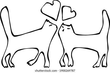 Vector image of two enamored cats with hearts. It symbolizes a romantic spring mood. Suitable for a postcard or invitation.