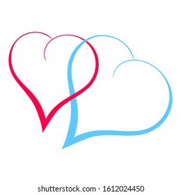 
Vector image of two fastened hearts of pink and blue color isolated on a white background. Links of the chain of love. Elements for the design of weddings,St. Valentine,prints on clothes, accessories