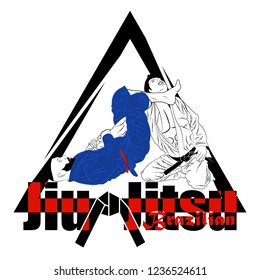 Vector image of two fighters of the Brazilian ju-jitsu. Wrestling reception: Leg Choke. MMA. Octagon. Champion of combat. Fight club. Vector color illustration.