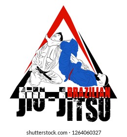 Vector image of two fighters of the Brazilian ju-jitsu. Wrestling reception: Leg Choke. MMA. Octagon. Champion of combat. Fight club. Vector color illustration.