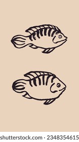 Vector image of two fish. Ink, brush, drawing, calligraphy, simple style, minimalism. East, China, Japan. Fish restaurant, market, decor. Brown, beige. Eps10