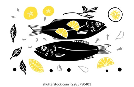 Vector image of two fish with lemon, tomato and spices. Black and yellow on a white background. Hand drawing, vintage. Kitchen, restaurant, food, dinner. Eps10