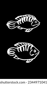 Vector image of two fish in oriental style. Ink, brush, hand drawing. Japanese, Chinese culture, East. Fish restaurant, design, decor. White on black. Eps10